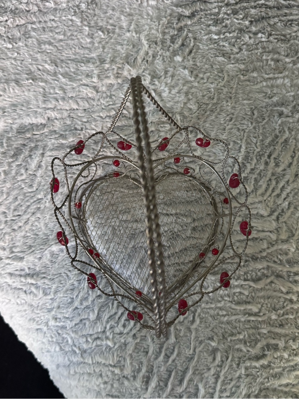 Decorative Silver Heart Basket with Red Bead Accents - Home Holiday